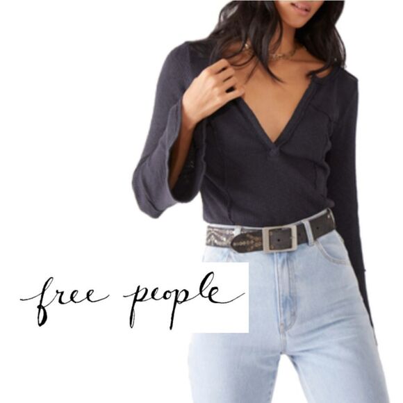Free People Give a Little Dark Navy Long Sleeve Thermal Top - FACRORY WRAPPED - Picture 1 of 5